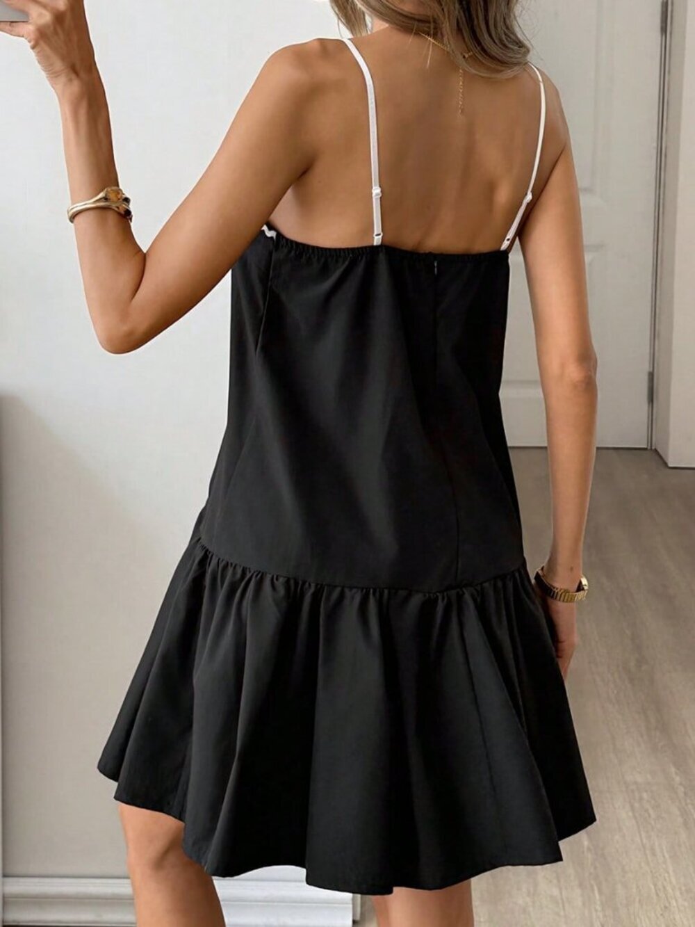 Black Casual Women's Color Block Ruffled Hem A-Line Dress - Picture 6 of 6